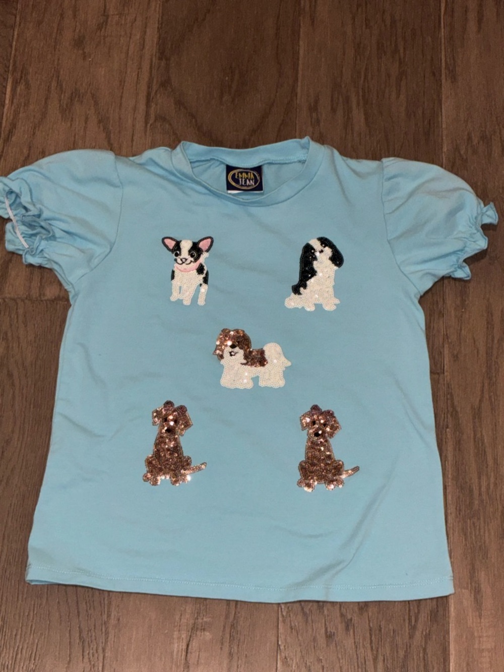 Emma Jean Girls Top | Size 8 | Blue Sequin Dog Shirt | Ruffle Sleeves